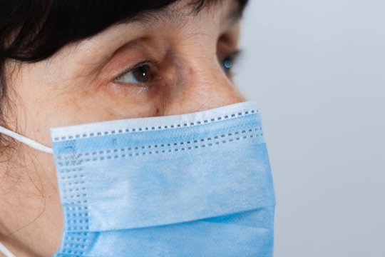 Coronavirus quarantine and Air pollution pm2.5 concept. Face of old sick woman wearing blue respirator mask for protect. Wuhan, China epidemic virus symptoms background.