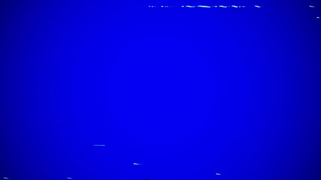 Abstract digital glitch flickers on a blue screen. Damaged video signal with bad interference. Real VHS tape glitch effects
