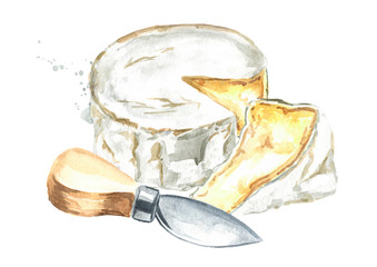 Brie type of cheese. Ripe Camembert, white mould Italian, French cheese and knife. Hand drawn watercolor illustration, isolated on white background