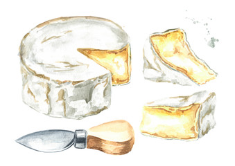 Brie type of cheese. Ripe Camembert, white mould Italian, French cheese set. Hand drawn watercolor illustration, isolated on white background