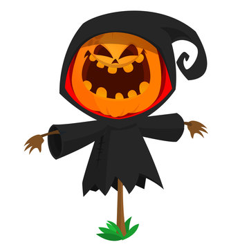 Halloween cartoon scarecrow with pumpkin head.  Jack-o-lantern