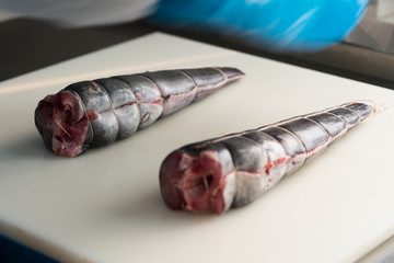 Fresh fish fillet on the table. Healthy food, styling, cooking concept.