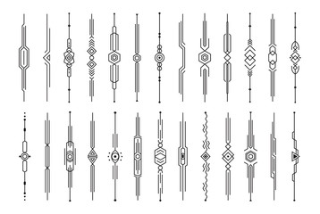 Dividers collection, vertical decorative lines, set of futuristic border lines, scroll bar templates for web page interface, ui, book pages, card and menu. Isolated vector illustration.