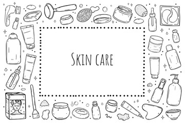 A set of items for skin care. Rectangle frame.
