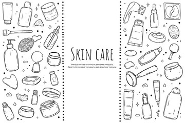 A set of items for skin care. Black outline on white background.