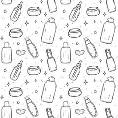 Seamless pattern with illustrations of different types of skin care products.