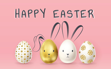 Happy Easter lettering, painted eggs. Spring holidays, Easter background. Vector illustration EPS10.