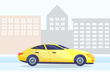 Car on road passing downtown of city. Street with buildings and architecture of town. Yellow cab automobile with skyline. Traveling and sightseeing using rented vehicles. Vector in flat style