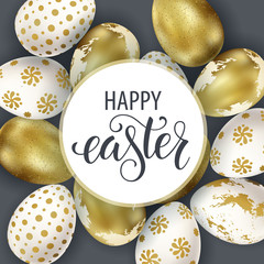 Happy Easter lettering, painted eggs. Spring holidays, Easter background. Vector illustration EPS10.