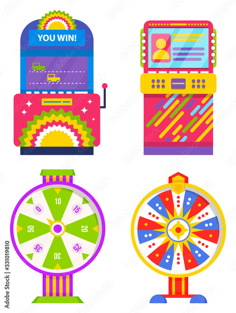 Poster machinery for playing and gambling vector, isolated set of game machine flat style. box with screen 