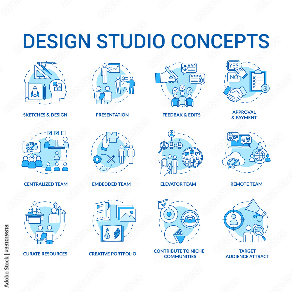 Poster design studio, workshop concept icons set. designers team types and creative process steps idea thin