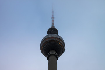 The famous Fernsehturm television broadcasting tower at Alexanderplatz in downtown Berlin, Germany
