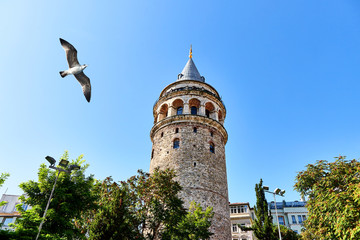 Fototapeta na wymiar Galata Kulesi Tower in Istanbul, Turkey. Ancient Turkish famous landmark in Beyoglu district, European side of the city. Architecture of the former Constantinople.A historical place made by Genoese