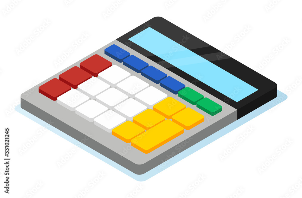 Poster calculator with colorful buttons 3d isometric view. accounting or banking modern technology isolated