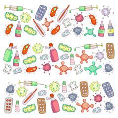 Virus. Covid-19. Corona virus. Quarantine. Pattern with bacterias and pathogens.