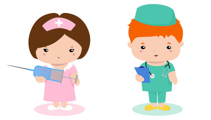 Doctor and nurse with a syringe. vector illustration for children and medical presentations.