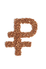 Russian rouble sign made of Buckwheat grains on white background.
