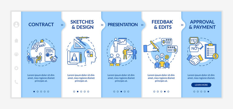 Design project onboarding vector template. Signing contract. Sketches and design, presentation. Responsive mobile website with icons. Webpage walkthrough step screens. RGB color concept