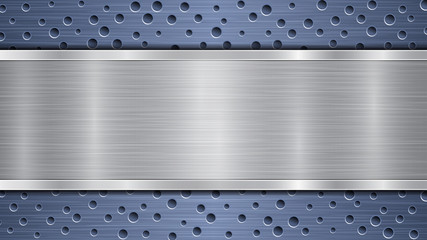 Background of blue perforated metallic surface with holes and horizontal silver polished plate with a metal texture, glares and shiny edges