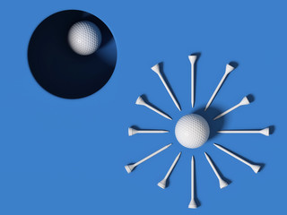 Golf balls and white tees on blue background; golf ball in a hole; flat lay, top view; 3d rendering, 3d illustration