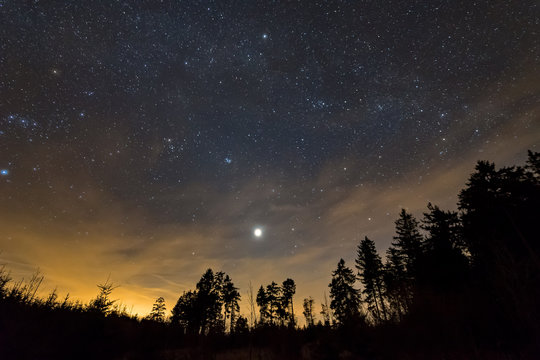 Blick auf den Sternenhimmel und die Venus im Roten Moor in der Rhön in Hessen, Deutschland 