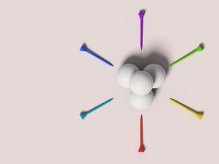 Golf balls and colored tees on light background, flat lay, top view; space for text; golf ball on top of three; 3d rendering, 3d illustration