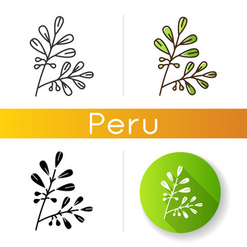 Coca icons set. Branche of cocaine tree. Erythroxylum coca. Hispanic narcotic agriculture. Raw material for drug manufacture. Linear, black and RGB color styles. Isolated vector illustrations
