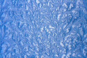 Interwoven branches of a winter pattern on glass. Drawing on a frozen window. Horizontal.