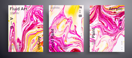 Abstract vector poster, texture pack of fluid art covers. Beautiful background that applicable for design cover, invitation, flyer and etc. Pink, yellow and white unusual creative surface template