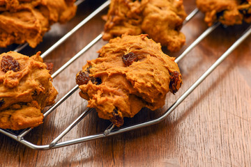 Pumpkin muffins with chocolate chips and raisins closeup on cooling rack on rustic wooden table
