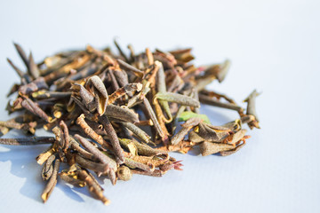 Dry leaves of medicinal herbs for brewing tea. Dried Rhododendron Adamsia Sagan Dale, Sagaan Dali, on a white background. Selective focus. Space for text.