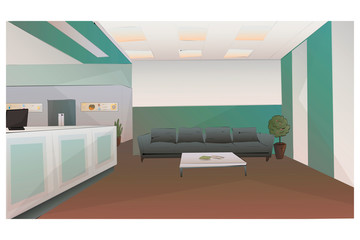 Image of the interior of the lobby of the front desk. Sofa, counter, table.