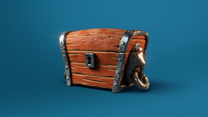 Closed vintage wooden magic chest. Concept art old pirate fantasy game treasure chest. Handles antique chest in the form of large rings. Treasure hunt and adventure. 3d rendering on blue background.