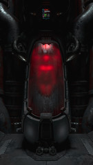 Capsule d& 39 hibernation cryogénique avec corps humain à l& 39 intérieur éclairé par une lumière rouge. Technologie cryonique de science-fiction pour les humains. Chambre cryogénique. Cryopode avec verre embué en scène de nuit. illustration 3D