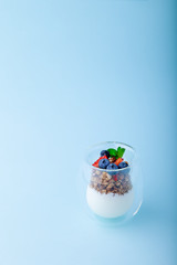 White yogurt and granola with fresh strawberries, blueberries, mint in glass
