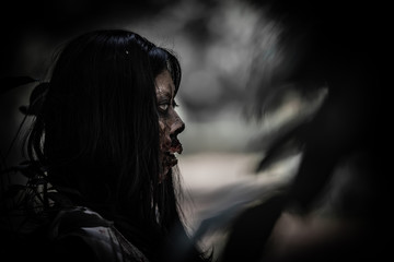Portrait of asian woman make up ghost face with blood,Horror scene,Scary background,Halloween...