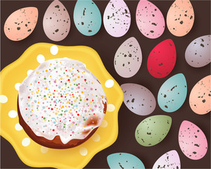 Easter banner with Easter Eggs, Easter cake, plate on a brown background