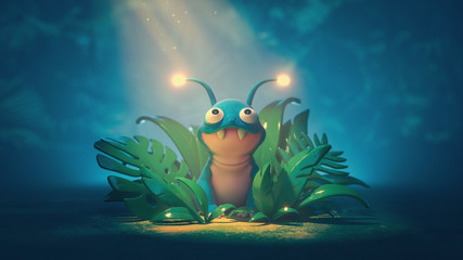 Cute alien creature hiding in the bushes in the jungle. Cartoon monster crawled out of the bushes charging its antennas in the sunlight. 3d illustration of the game location of a little funny traveler