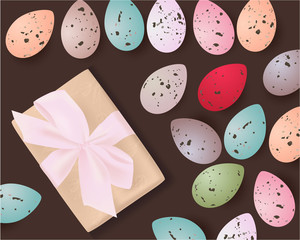 Easter banner with Easter Eggs, gift box on a brown background. Easter Greeting card, holiday