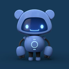 Little cute blue robot with bear ears. Friendly kawaii bot with glowing smiling face on the screen. Lovely Robotic Toy. Concept art funny personal assistant robot. 3d illustration on blue background.