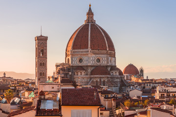 Rooftop skyline panorama of Cathedral of Santa Maria del Fiore (Duomo) dome in Florence, Tuscany,...