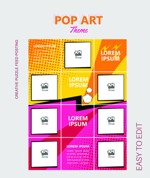 modern social media post feed, instagram feed, pop art, blue, minimalist.