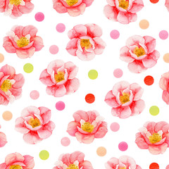 Seamless pattern pink rose. Hand draw spring flowers and colorful drops isolated on white background. Blossom lovely rose for print on paper, textile, book, dishes, dress, box, wedding card, case.