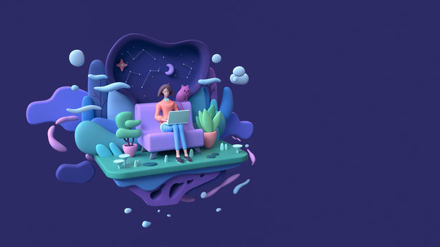 Brunette woman with a laptop sitting on a sofa late at night. Abstract concept art lazy sedentary lifestyle of a young freelancer working from home with cat, plants. 3d illustration on blue background © roman3d