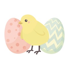Happy Easter holiday illustration with cute chicken and eggs. Vector illustration.