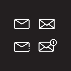 set of line art envelope icon isolated on black background