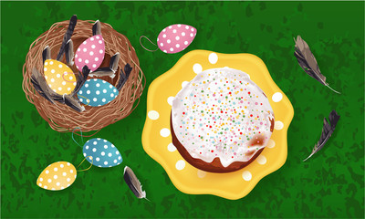 Easter banner with Easter Eggs, Easter cake, plate, nest, feathers on a grass. Easter Greeting card, holiday