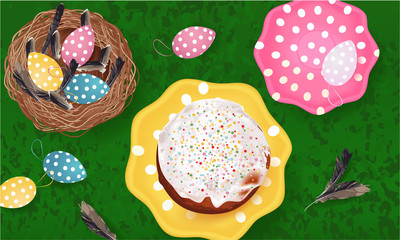 Easter banner with Easter Eggs, Easter cake, plate, feathers on a grass. Easter Greeting card, holiday