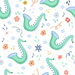 Seamless childish pattern with trendy Musical instrument. Creative saxophone. Kids texture for fabric, wrapping, textile, wallpaper, apparel. Vector illustration