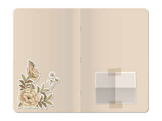Blank stapled notebook with folded blank photo paper and die cut flowers illustration in vintage retro style